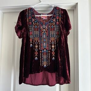 Johnny Was Burgundy Velvet Blouse with Colorful Embroidery
